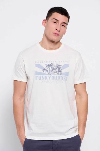 Funky Buddha ανδρικό βαμβακερό T-shirt μονόχρωμο με vintage-look logo print μπροστά - FBM007-040-04 Κρέμ S